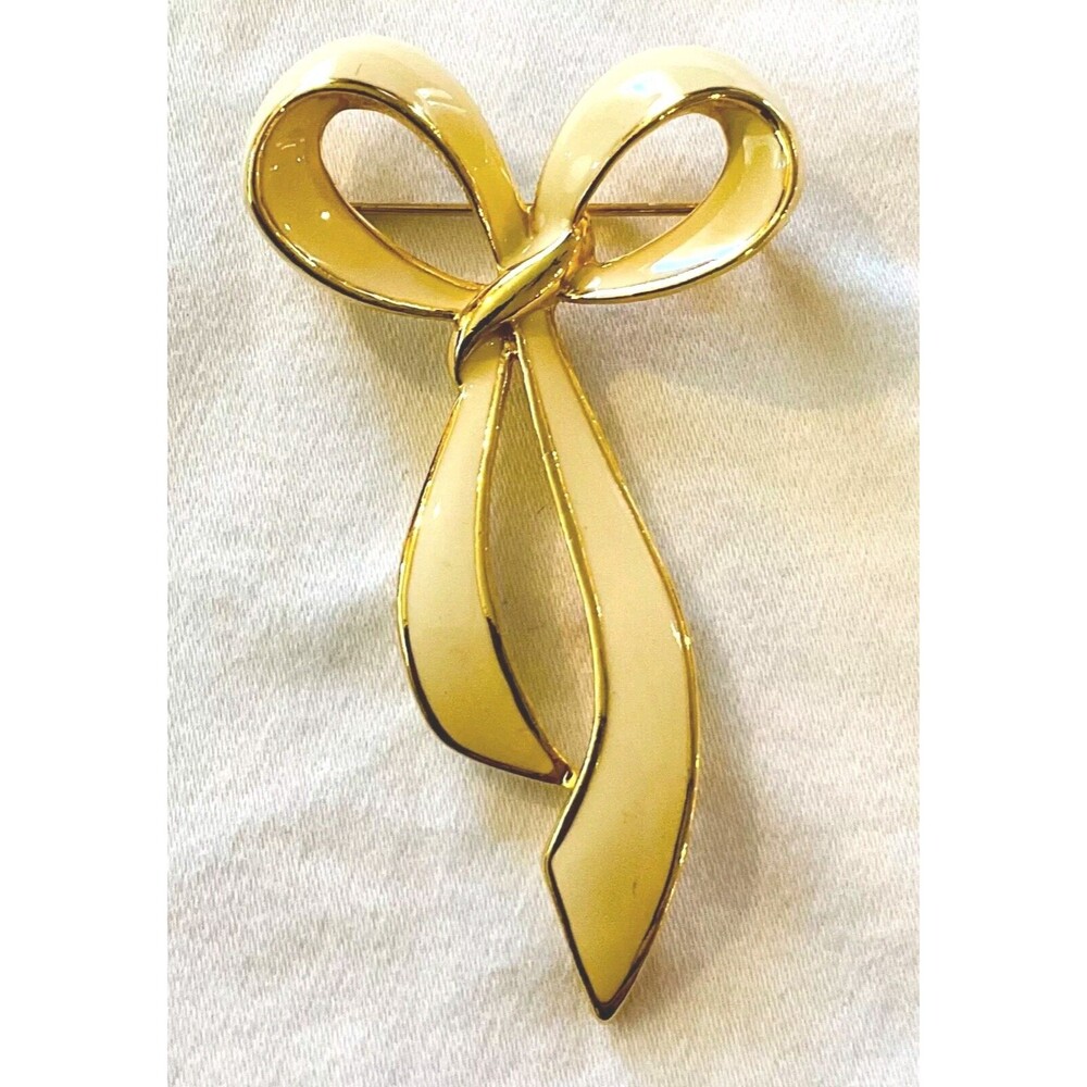 Cream Off White Enamel Bow Ribbon Brooch Pin 2.5” x 1.25”